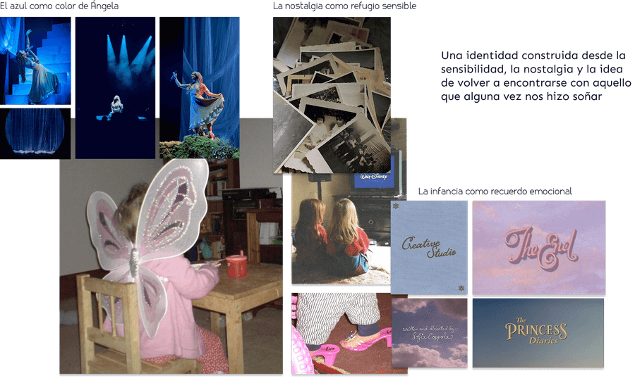 Moodboard de inspiración: el azul como color de Ángela, la nostalgia como refugio sensible, la infancia como recuerdo emocional. Una identidad construida desde la sensibilidad, la nostalgia y la idea de volver a encontrarse con aquello que alguna vez nos hizo soñar.